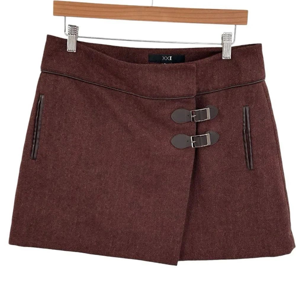 Forever 21 brown herringbone wool wrap buckle skirt size large